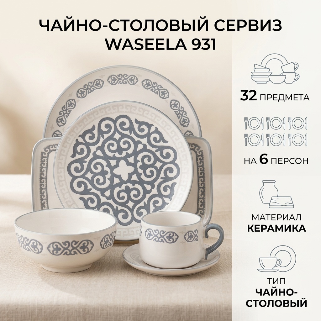 Сервиз на 6 персон WASEELA орнамент, предметов: 32, чайно-столовый, керамика