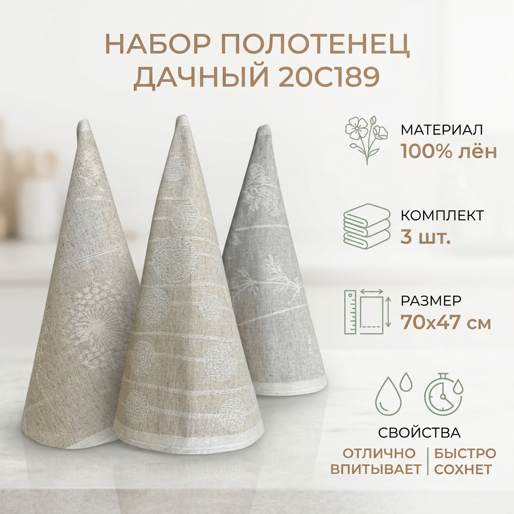 Набор полотенец Белорусский Лен Дачный 70x47 см, лен, 3 шт,