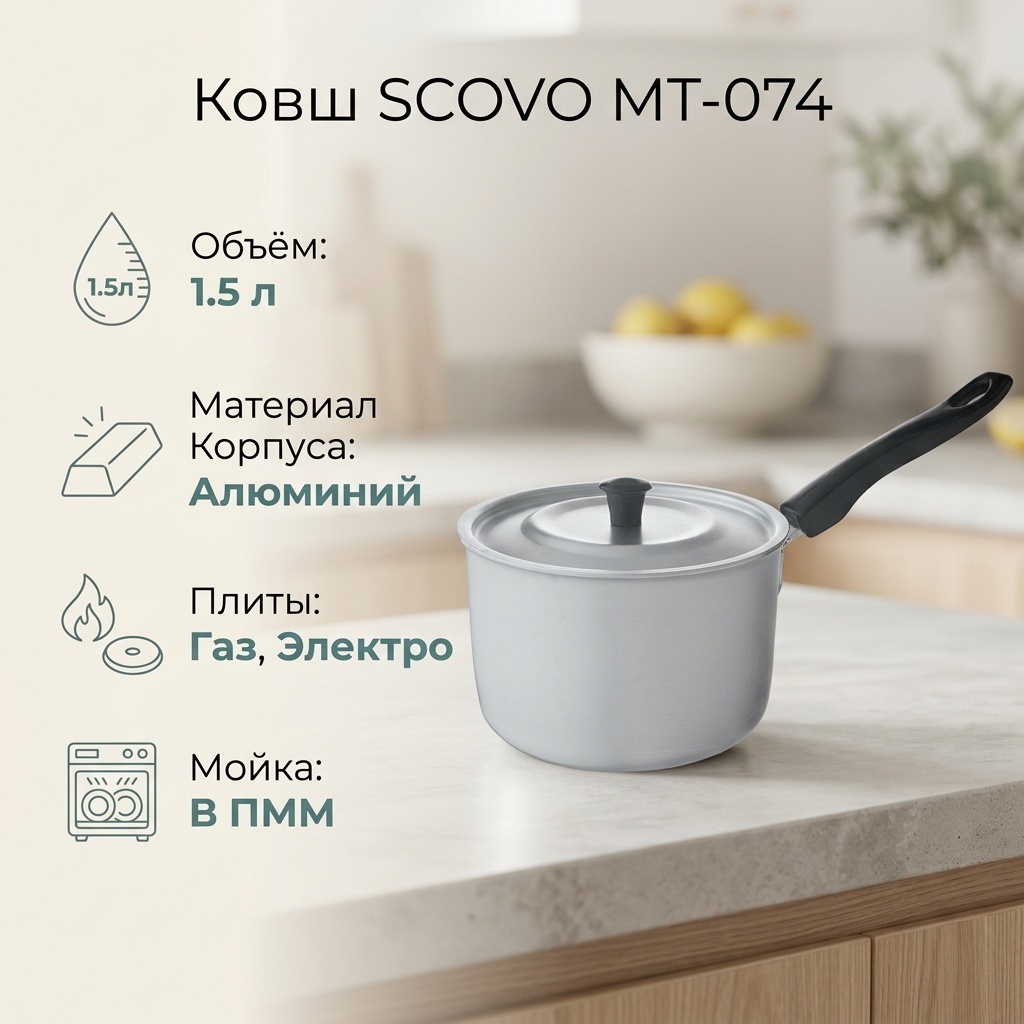Ковш 1.5 л, SCOVO МТ-074 алюминий
