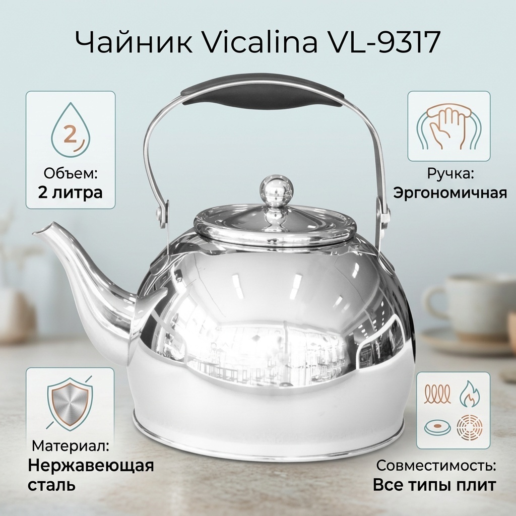 Vicalina чайник №VL-9317 2 л, нержавеющая сталь