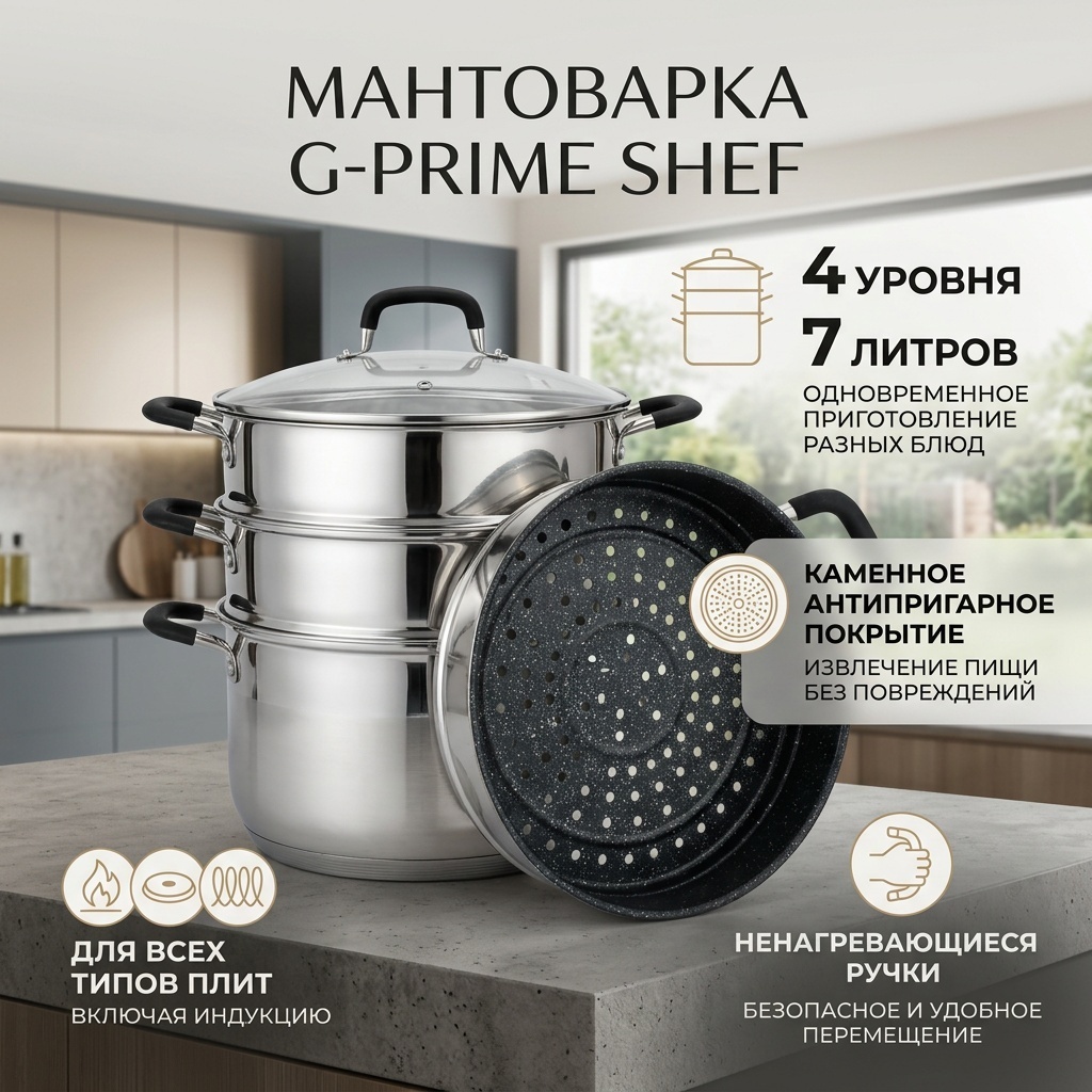 Мантоварка 7 л, G-PRIME нержавеющая сталь, количество ярусов: 4
