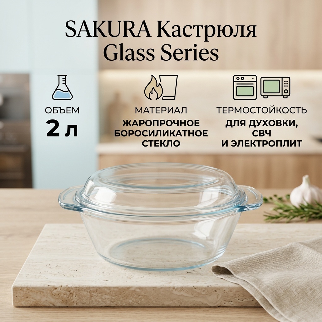 Кастрюля 2 л, SAKURA Glass Series стекло