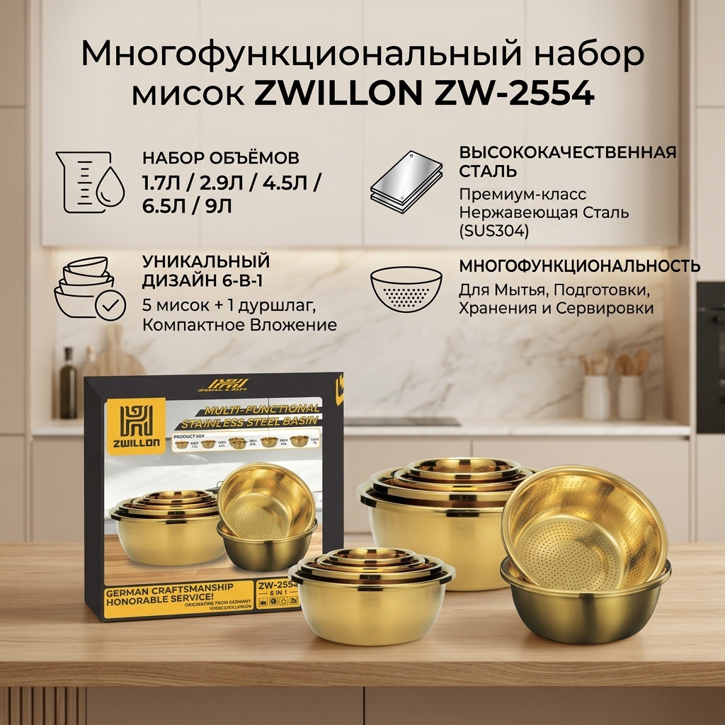 Набор мисок ZWILLON 24х30 см, нержавеющая сталь, 5 шт