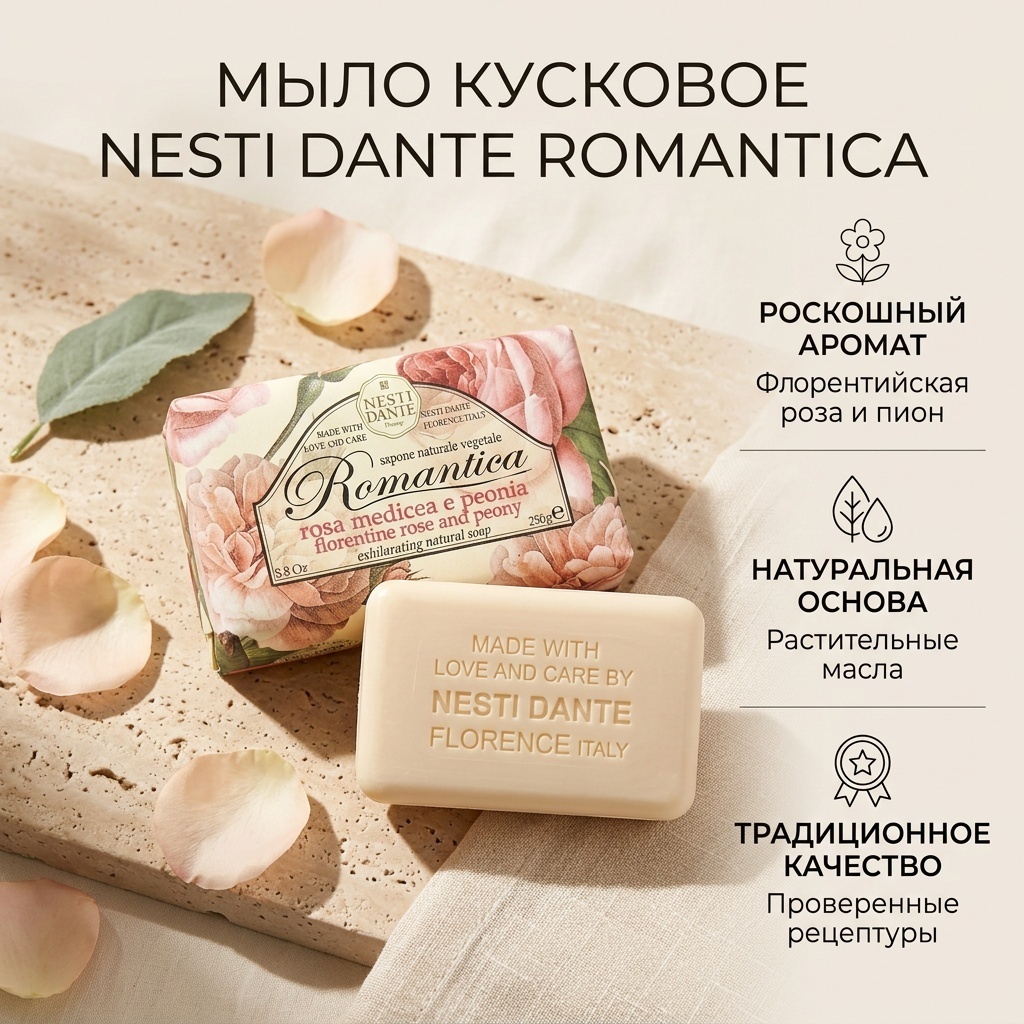 Кусковое мыло туалетное Nesti Dante Romantica Флорентийская роза и пион 250 г