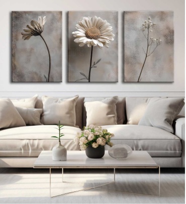 Araystudio.kz модульная картина триптих с ромашкой и веткой 150x70 см