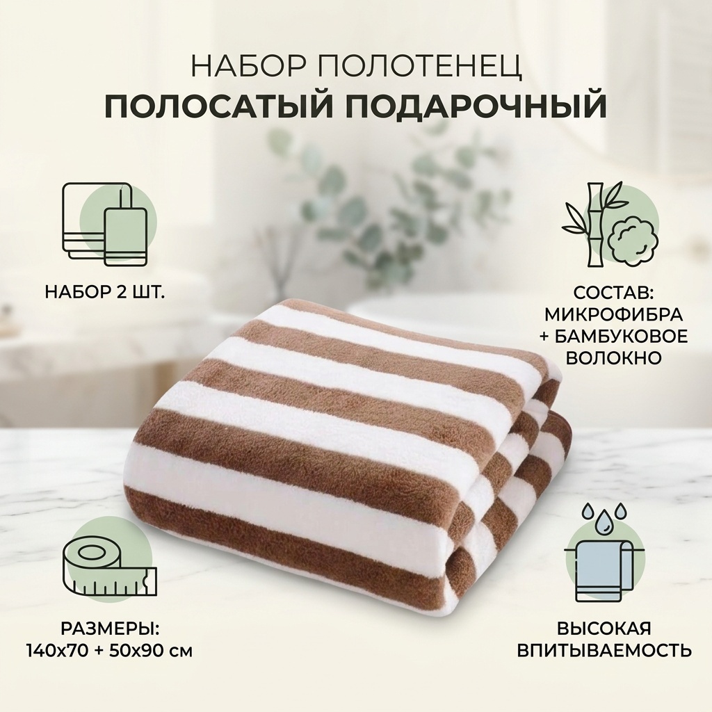 Набор полотенец 140x70 см, микрофибра, бамбуковое волокно, 2 шт,