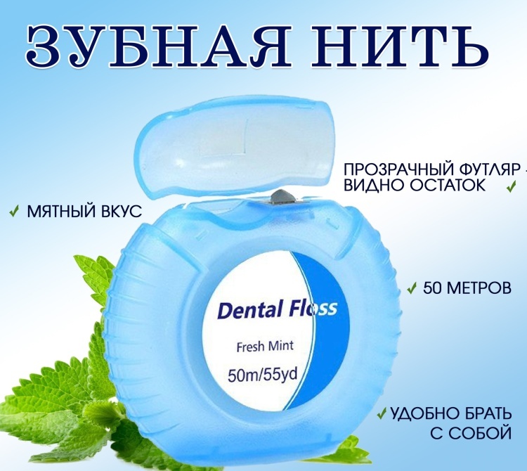 Зубная нить Круглая синяя ленточная 50 м ленточная 50 м
