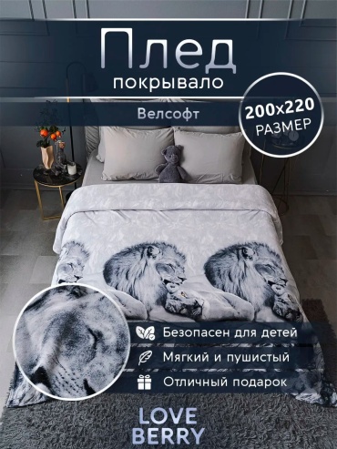 Покрывало Loveberry 200х220 см, велсофт, серый