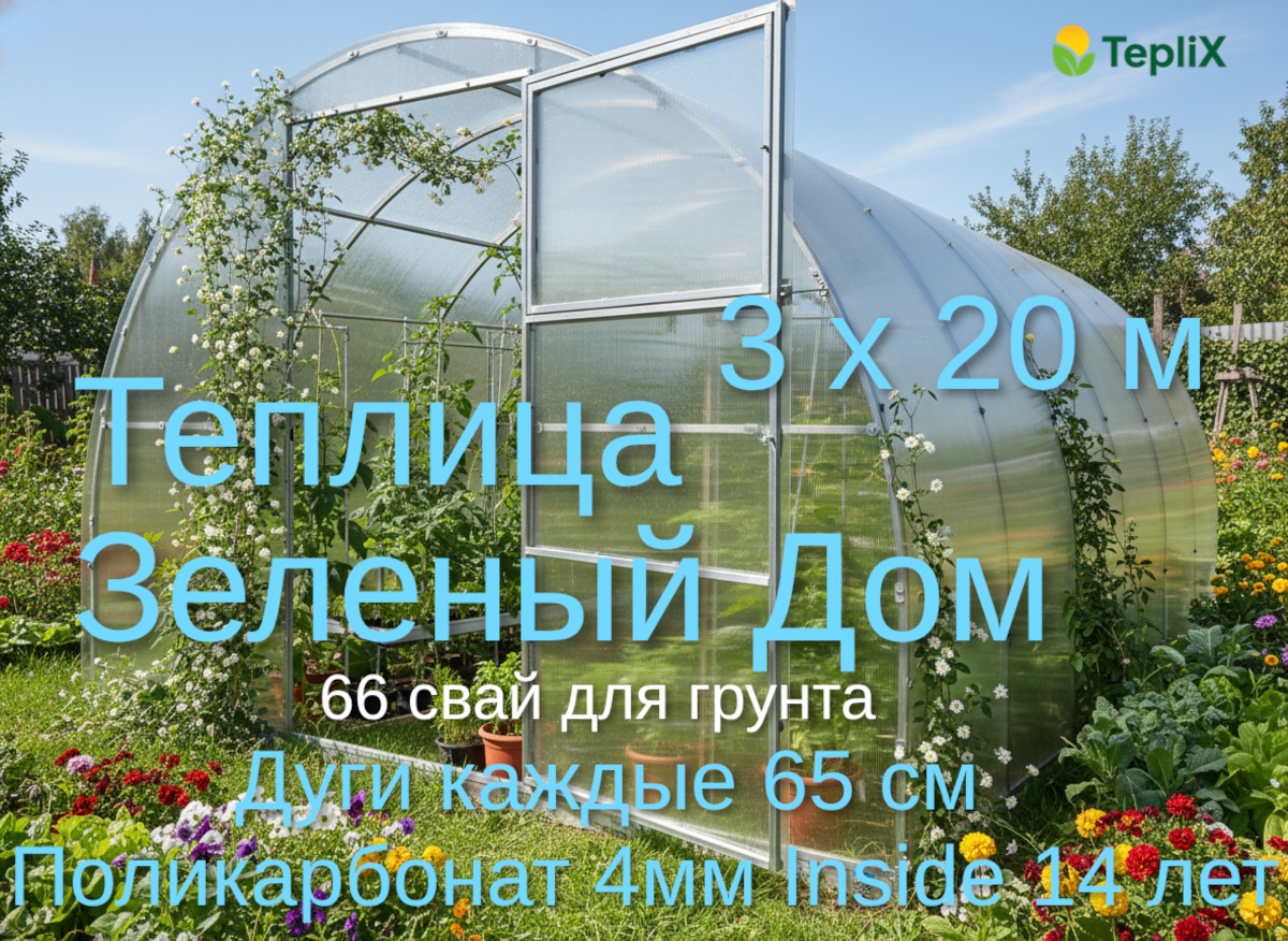 Теплица TepliX Зеленый Дом 3х20м Inside 4мм 210x300x2000 см, поликарбонат
