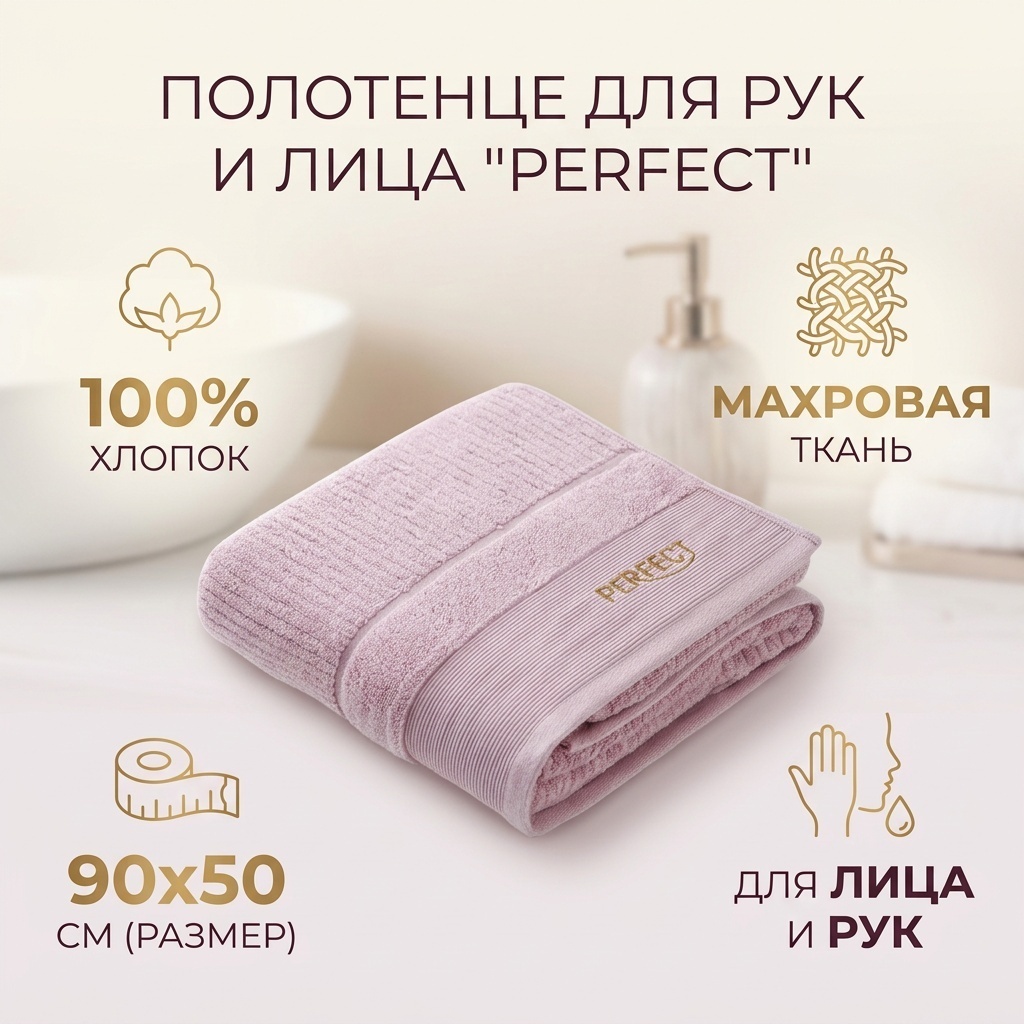 Полотенце 90x50 см, хлопок, махровая ткань, 1 шт,