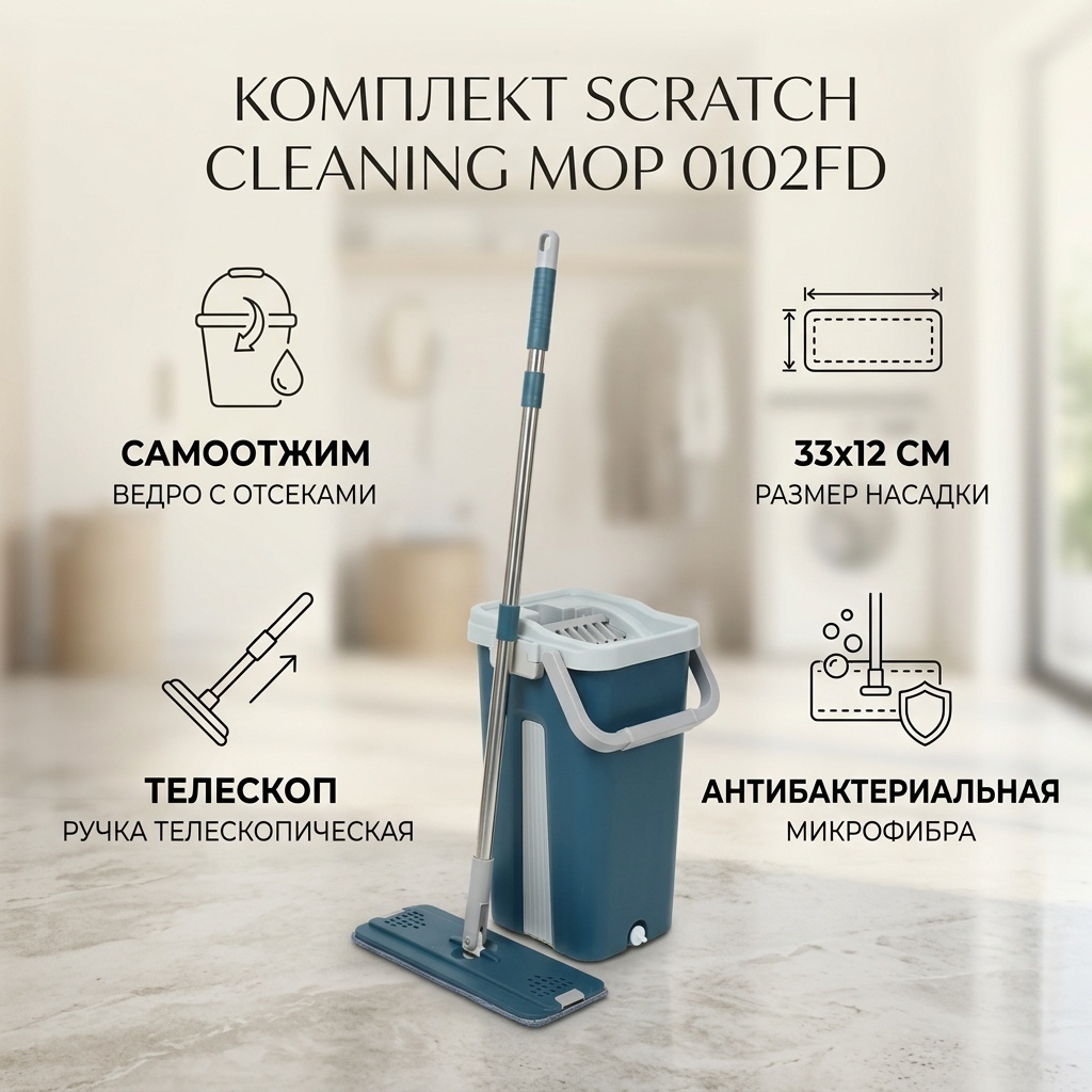 Комплект для уборки универсальная, для пола, для стен Scratch Cleaning Mop, материал насадки: микрофибра, синий