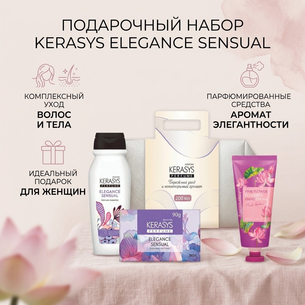 KeraSys шампунь Elegance Sensual 200 мл + крем для рук Farmstay Розовый лотос 100 мл + косметическое мыло 90 г набор по уходу за волосами и телом для женщин