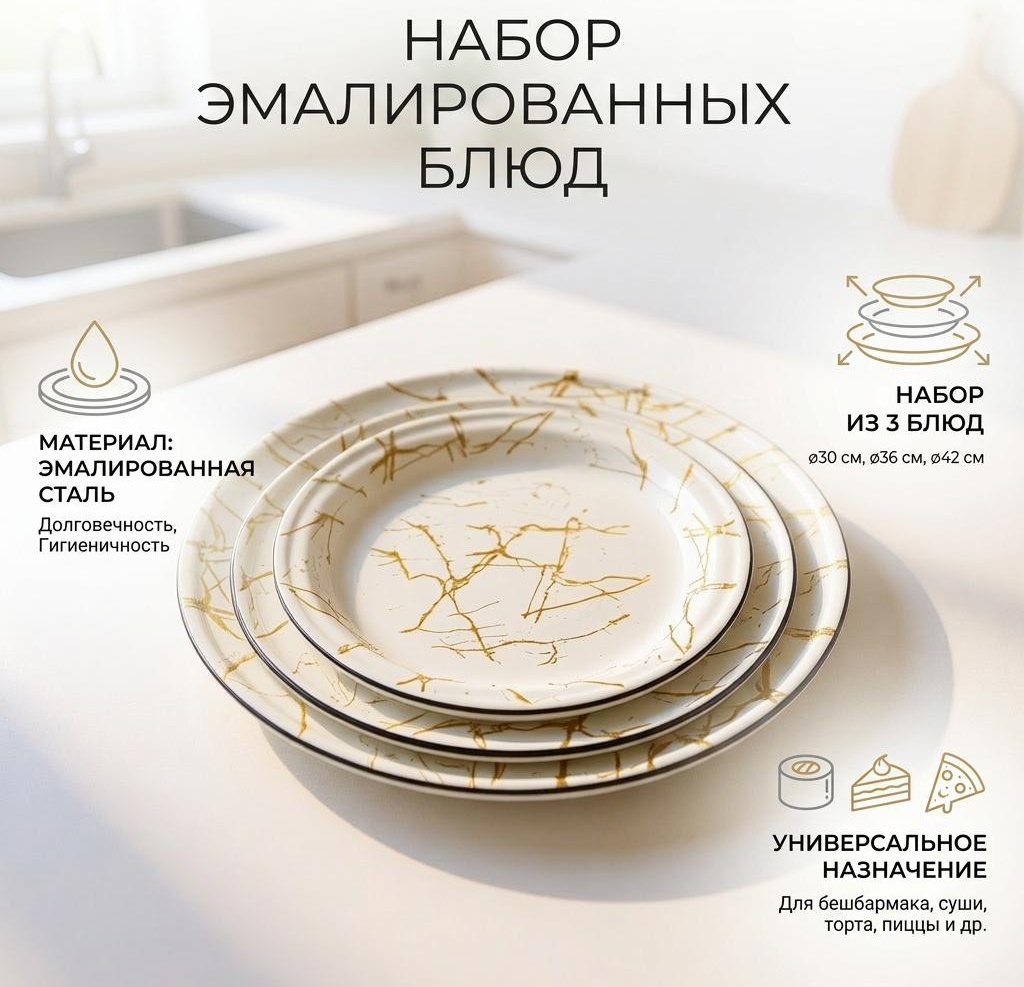 Блюдо classic collection 36х36 см, эмаль, эмалированная сталь, 3 шт
