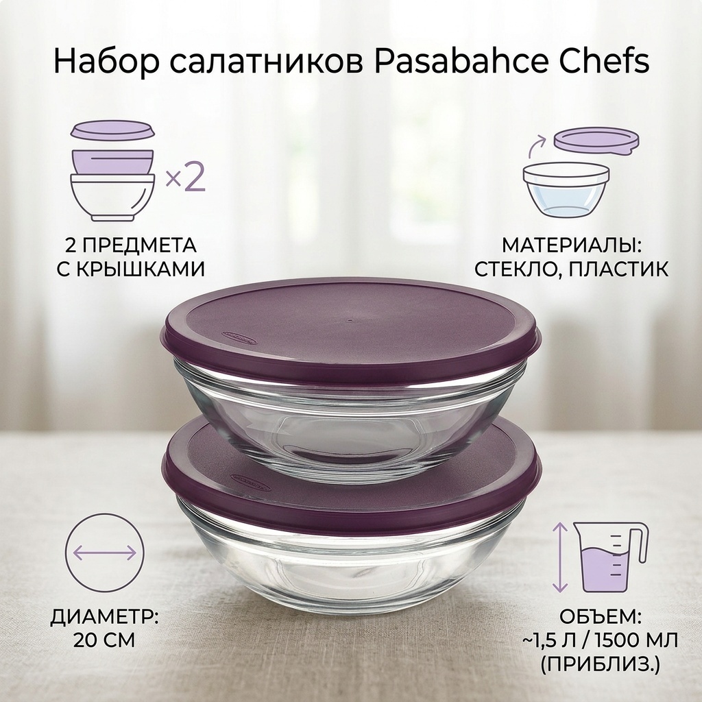 Салатник Pasabahce Chefs 22х20 см, пластик, стекло, 2 шт