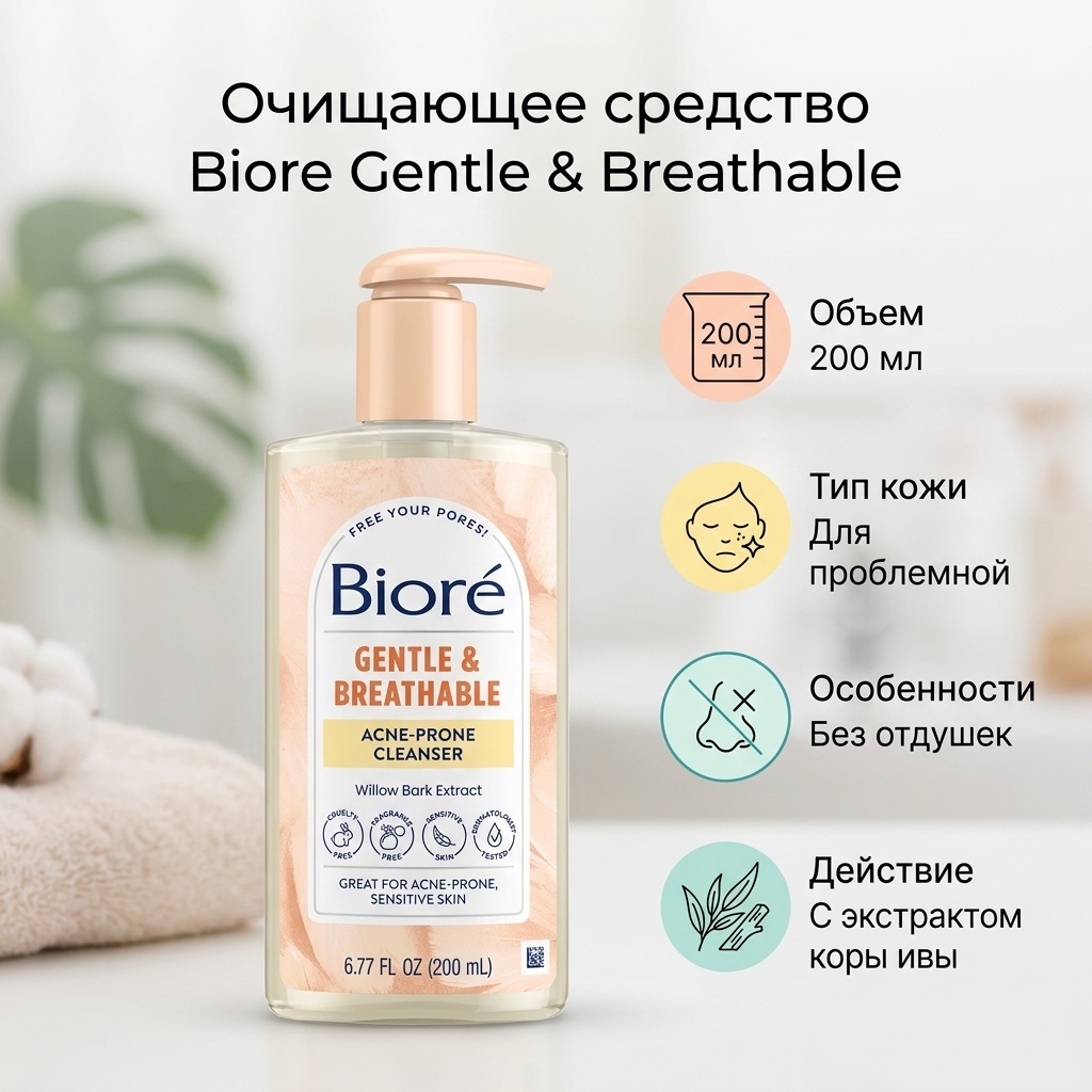 Biore Gentle & Breathable, очищающее средство против акне, без отдушек, 200 мл сыворотка 200 мл