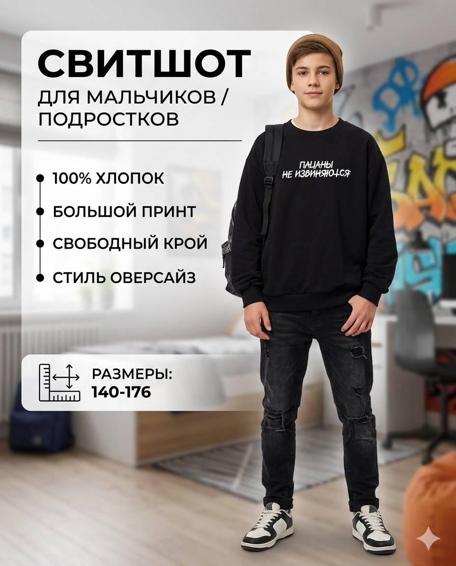 Свитшот Haykids ПАЦАНЫ НЕ ИЗВИНЯЮТСЯ черный