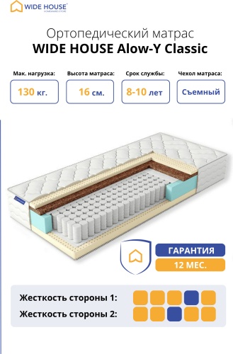 Матрас WIDE HOUSE Alow-Y Classic, 180x180x16 см