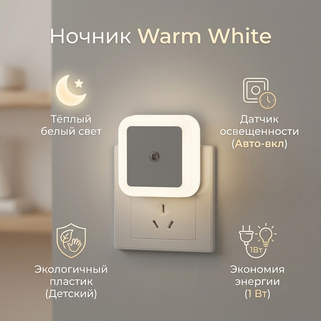Ночник в розетку в розетку Warm White, теплый белый