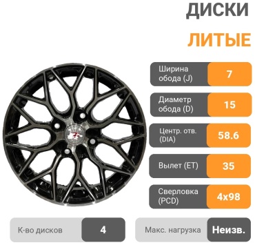 Powcan 88711 7x15/4x98 D58.6 ET35 4 диска черный, серебристый