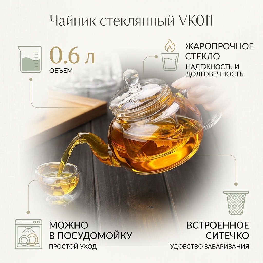 Чайник VK011 0.6 л, жаропрочное стекло