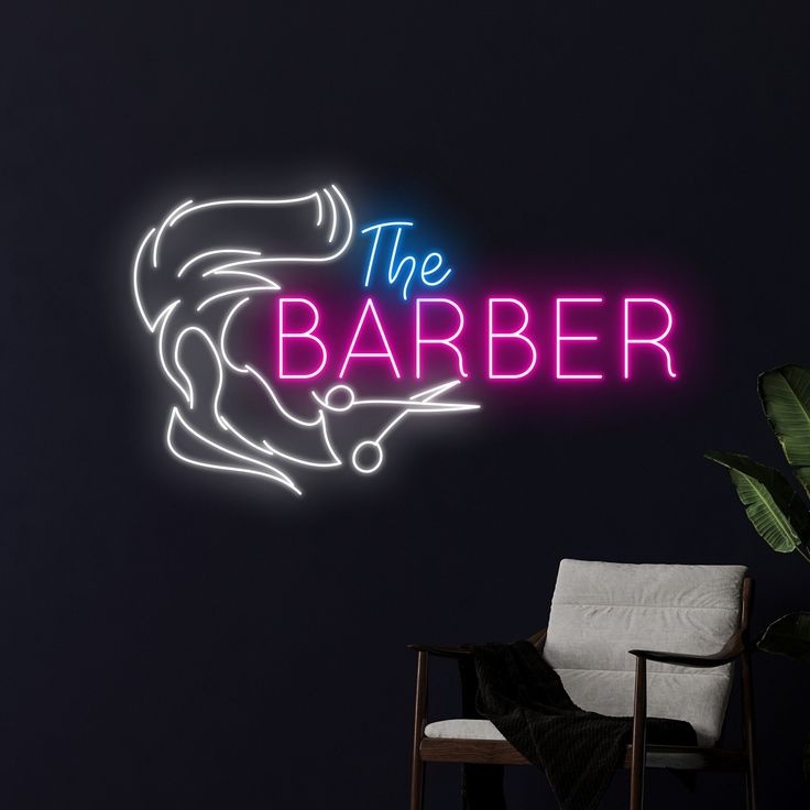 Неоновая вывеска настольный Barbershop, холодный белый, розовый, синий