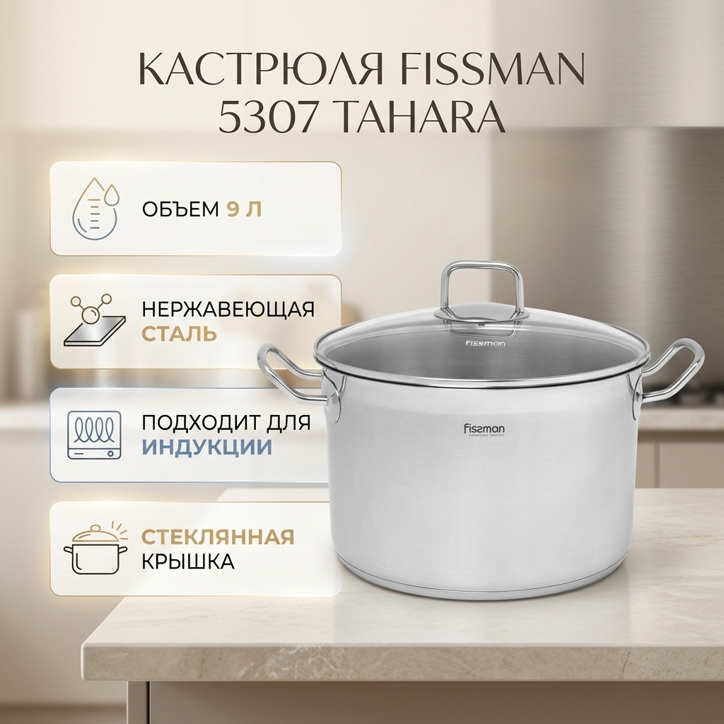 Кастрюля 9 л, Fissman 5307 TAHARA сталь