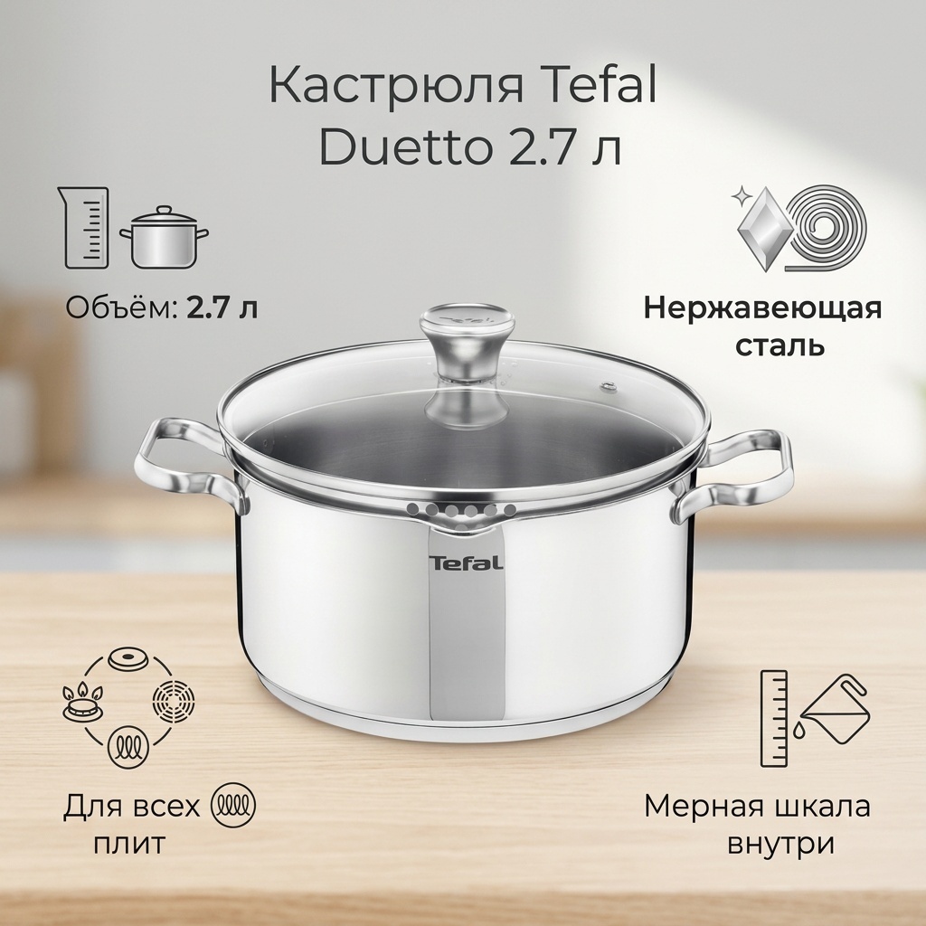 Кастрюля 2.7 л, Tefal Duetto сталь