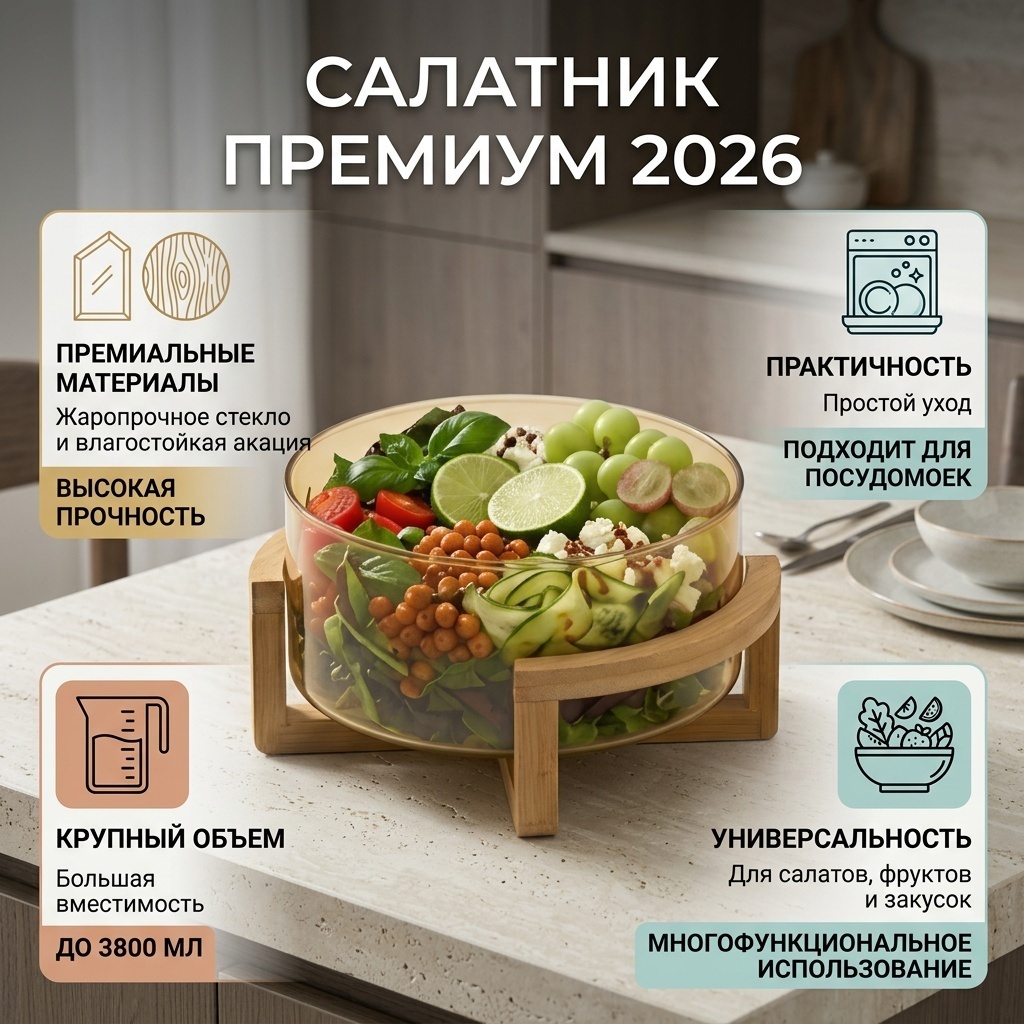 Салатник 27х27 см, дерево, стекло, 1 шт