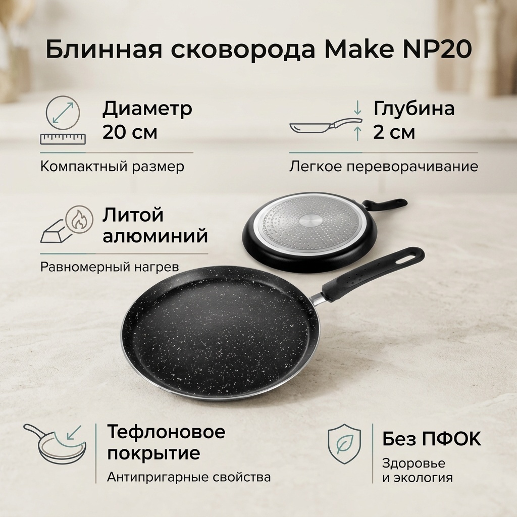 Блинная сковорода Make NP20 20 см с антипригарным покрытием, алюминий