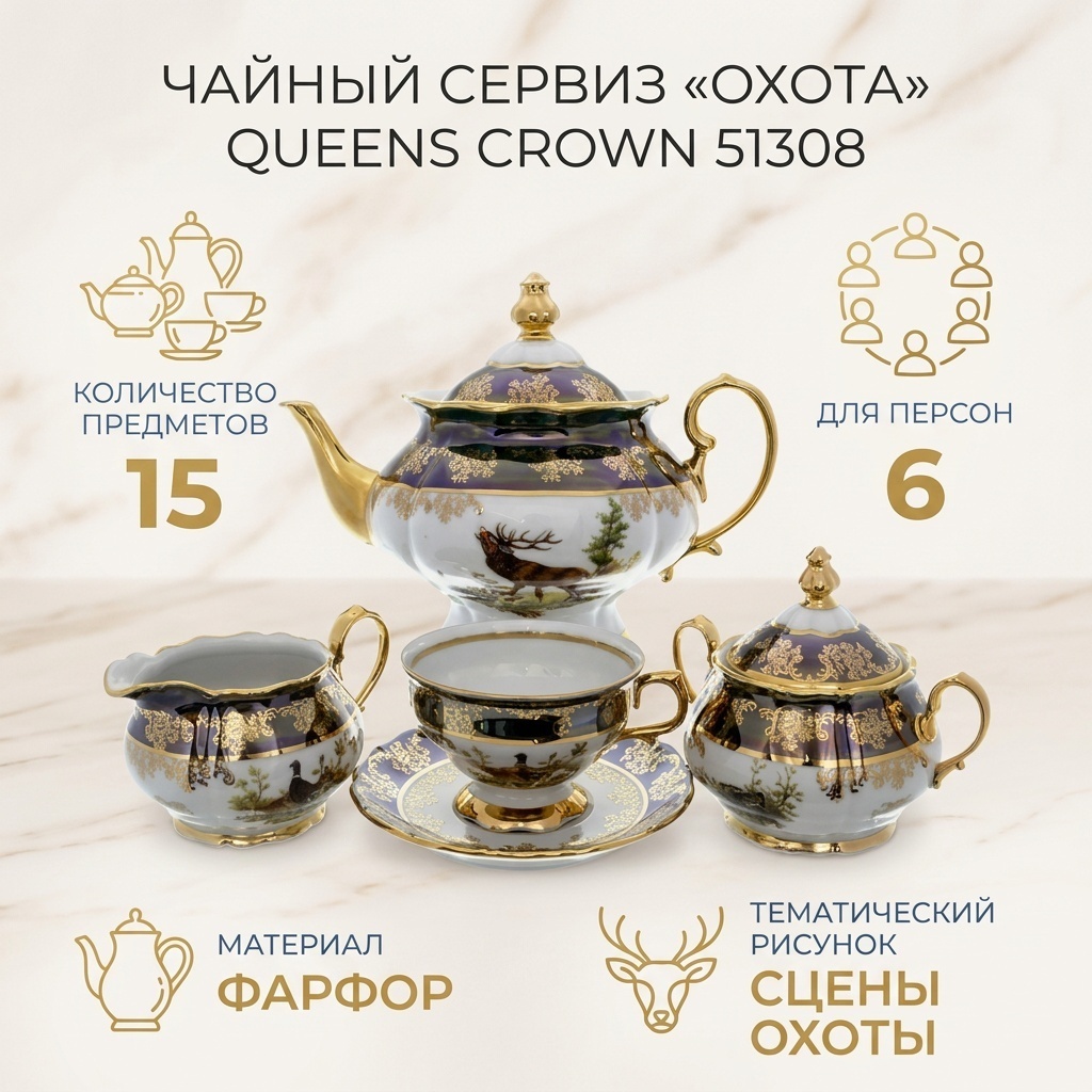 Сервиз на 6 персон Queens Crown охота, предметов: 15, чайный, фарфор