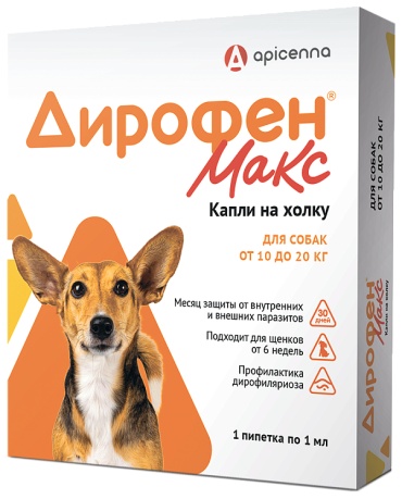 Apicenna Дирофен Макс капли на холку от блох, от клещей, от гельминтов для собак 10-20 кг 1 пипетка 1 мл
