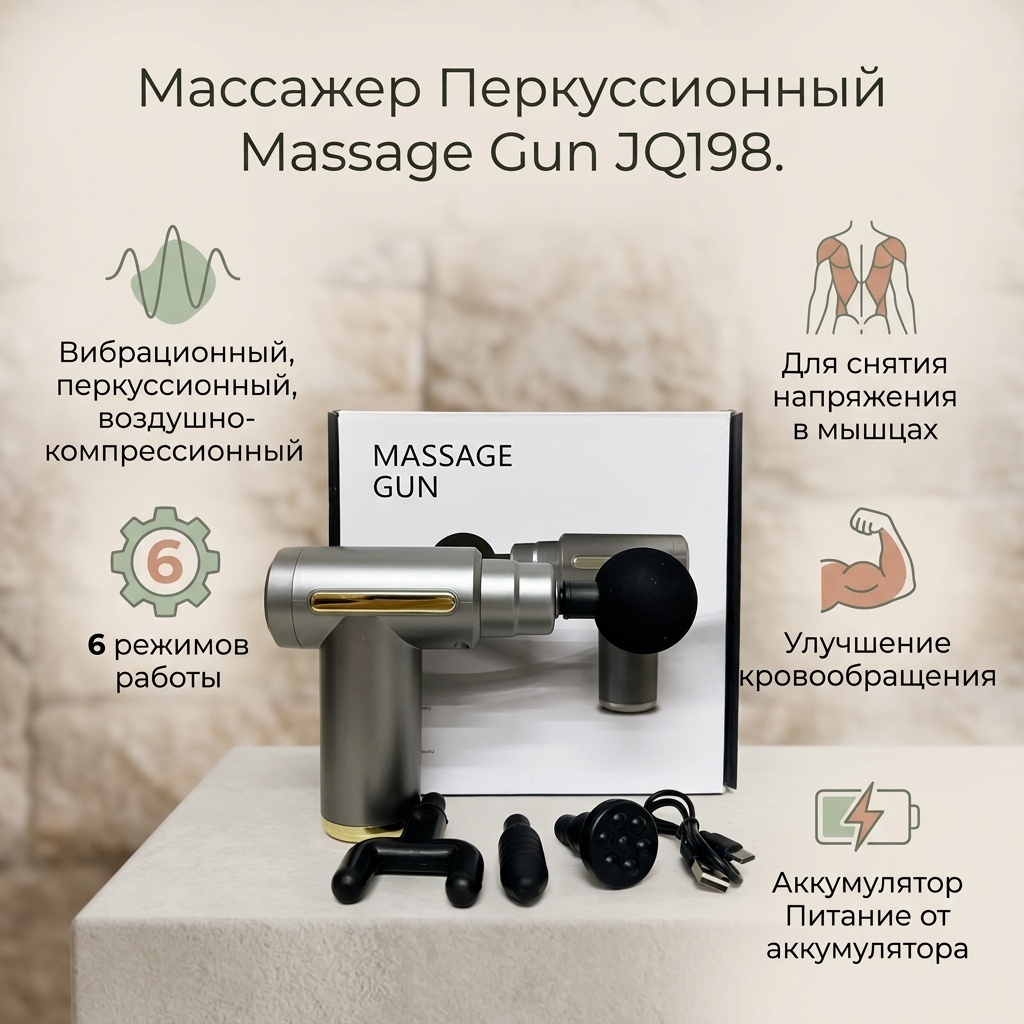 Массажер Massage Gun JQ198 ручной вибрационный, перкуссионный, воздушно-компрессионный