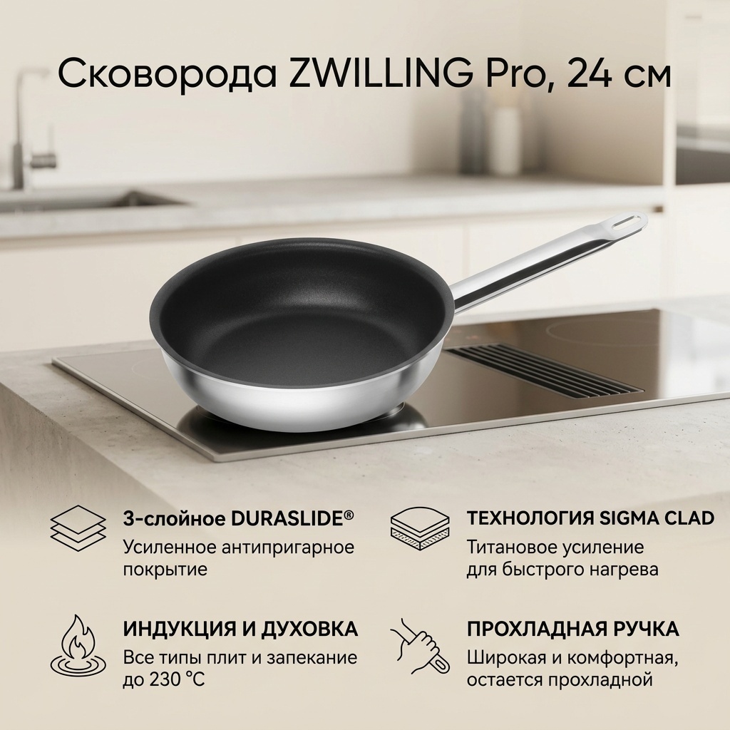 Сковорода ZWILLING 24 см с антипригарным покрытием, нержавеющая сталь