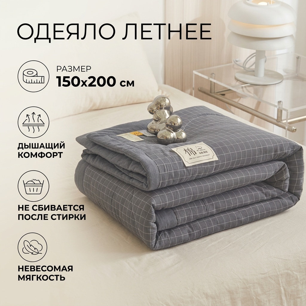 Одеяло серая клетка 150x200 летнее