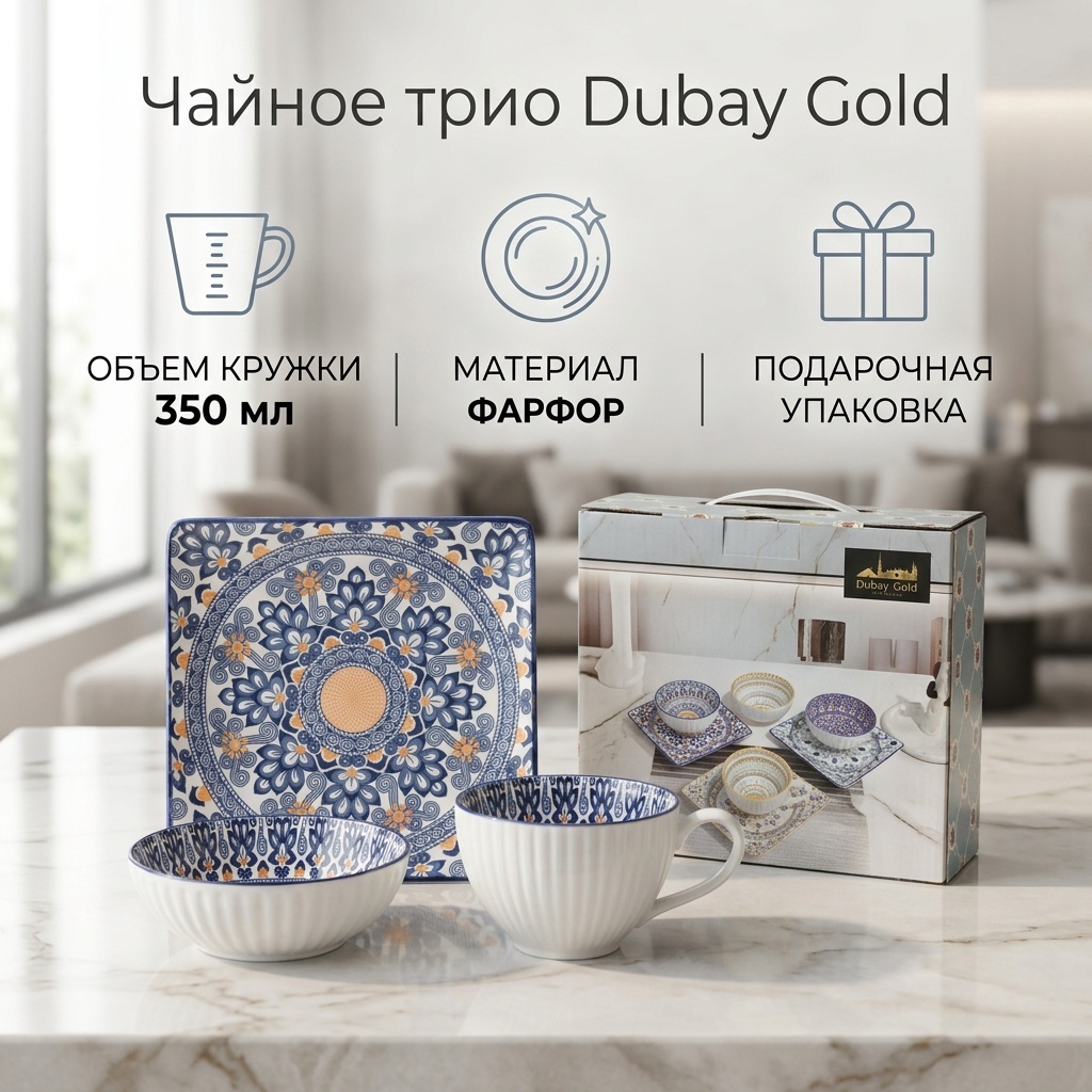 Чайное трио Dubay gold мультиколор, 350 мл, фарфор, 1 шт.
