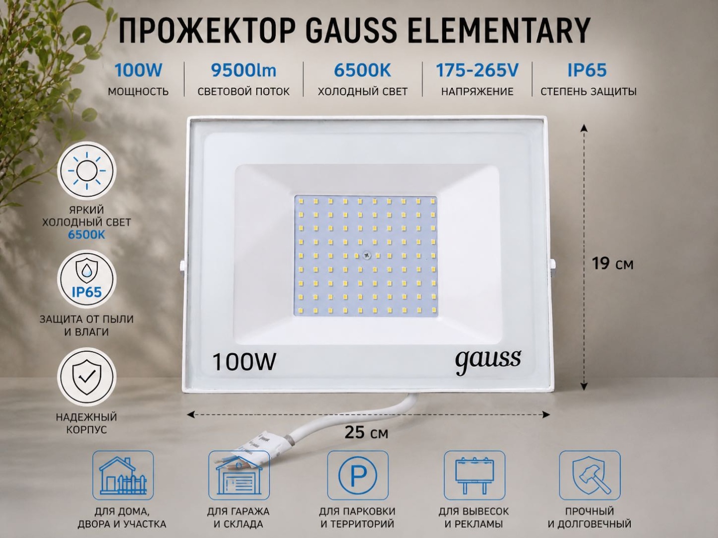 Прожектор на кронштейне Gauss 100 Вт, холодный белый