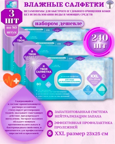 Влажные салфетки Я твоя салфетка Для лежачих больных 3 упаковки по 80 шт