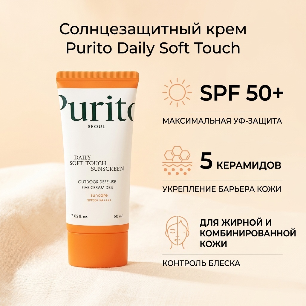 Purito крем Daily Soft Touch Sunscreen SPF50 для лица 60 мл
