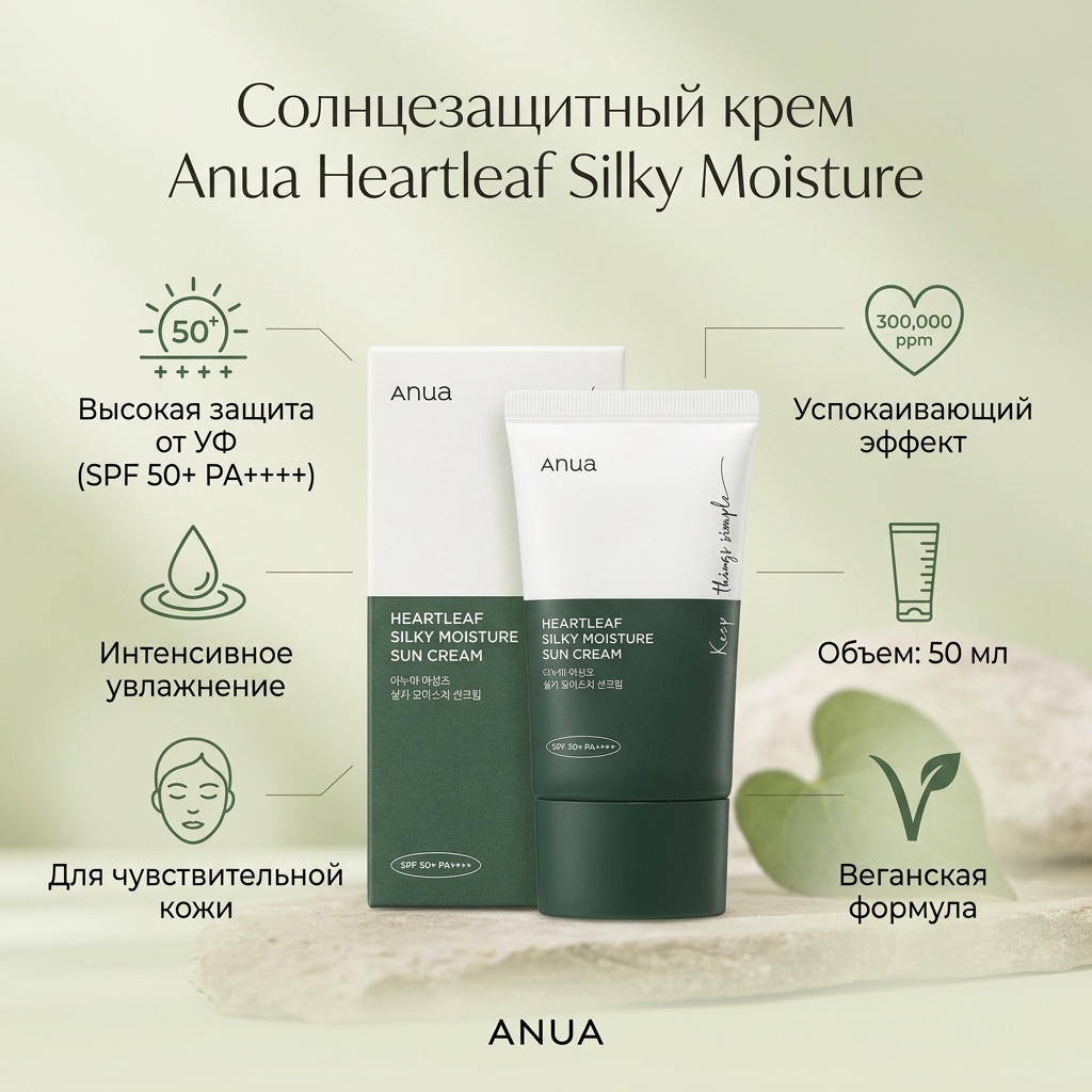 Anua крем Heartleaf Silky Moisture Sun SPF50 для лица 50 мл