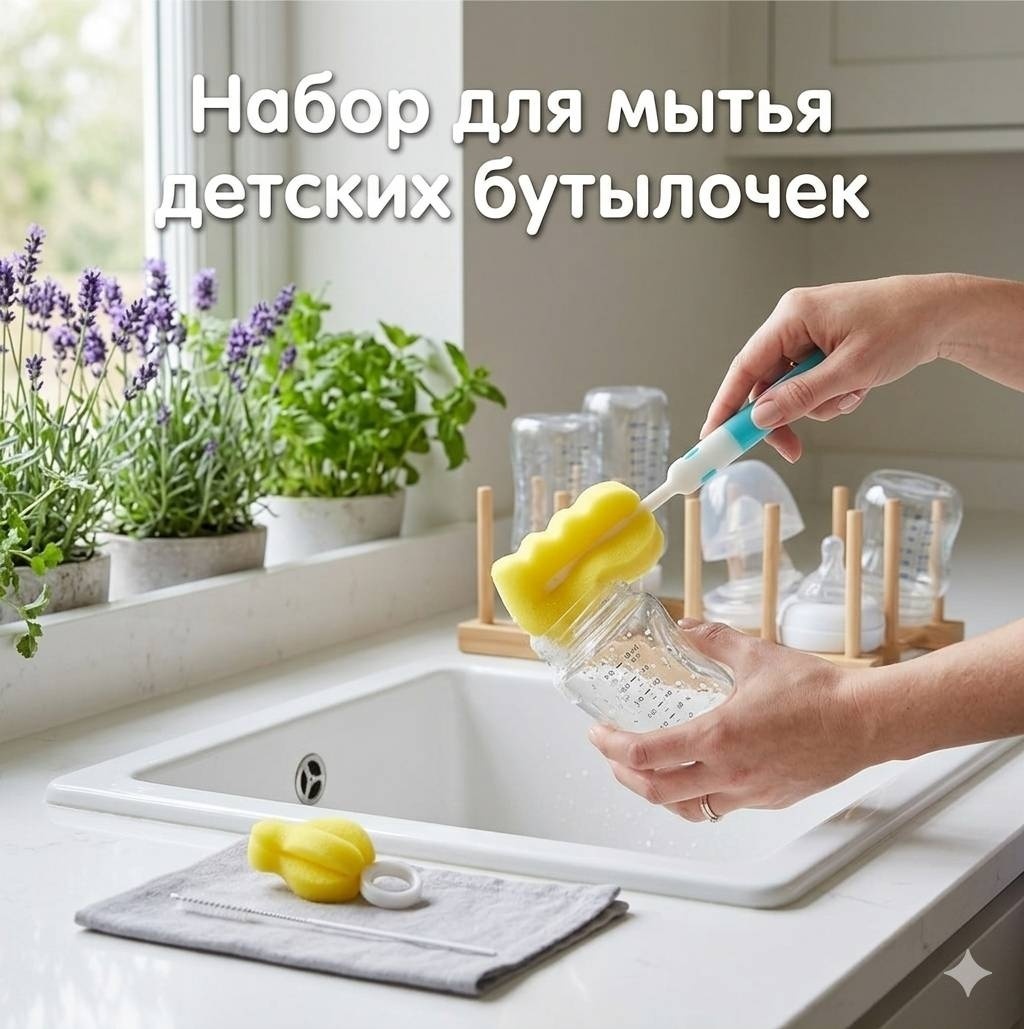 Губка для бутылок Набор губок для мытья бутылочки, соски и трубочек 3 шт, поролон