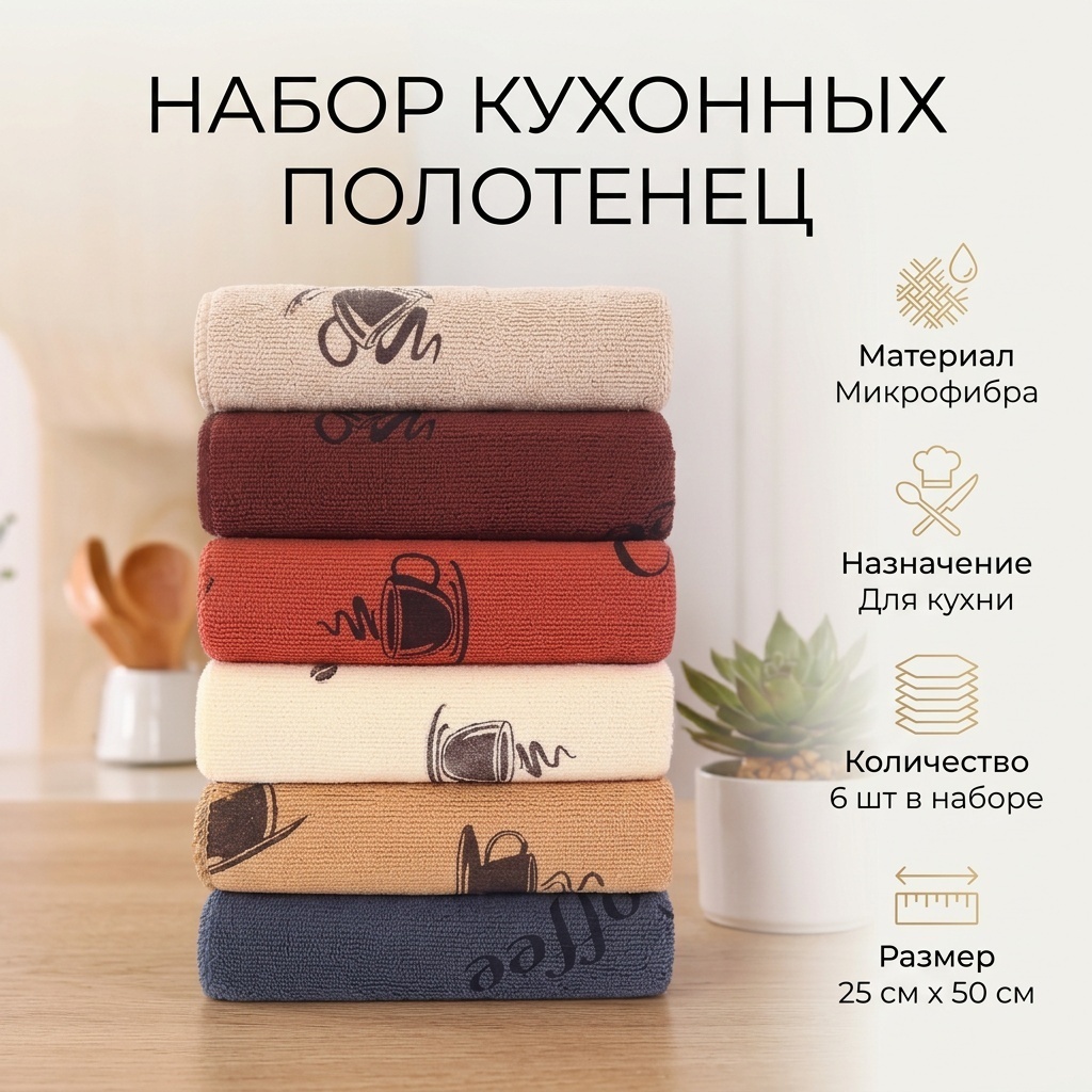 Набор полотенец 50x25 см, микрофибра, 6 шт,