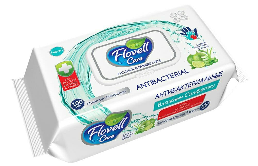 Купить Flovell Care влажные салфетки Antibakterial Lime & Aloe Vera 100 ...