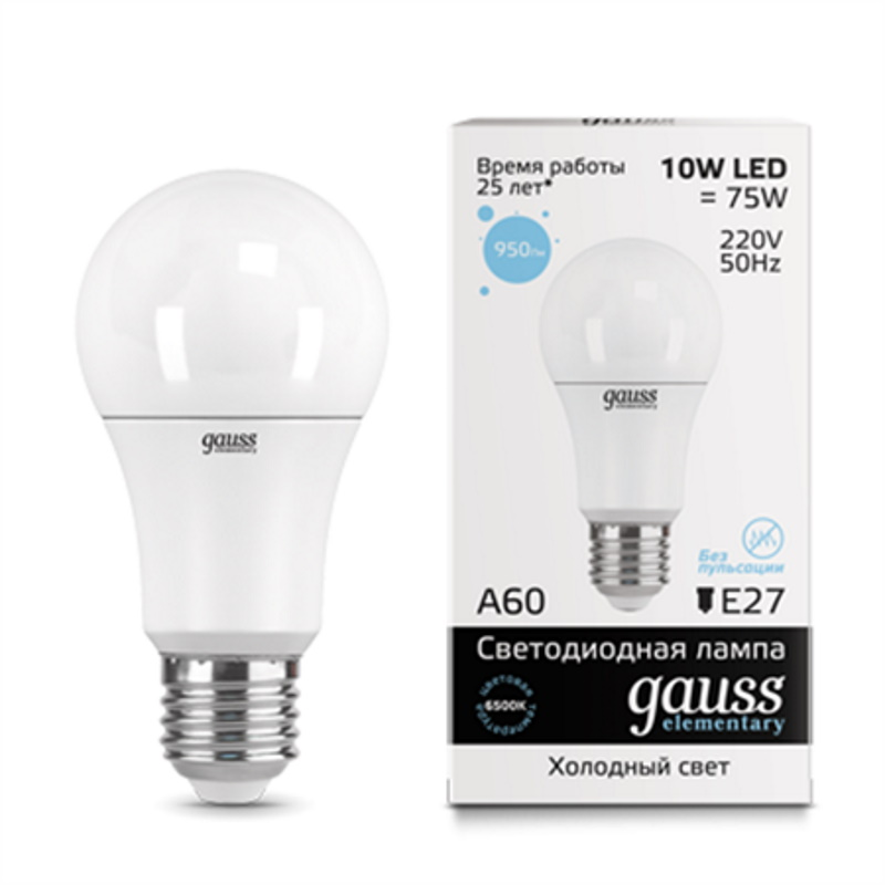 Купить Gauss Elementary A60 E27 10W 6500K 1/10/50 в кредит в Алматы ...